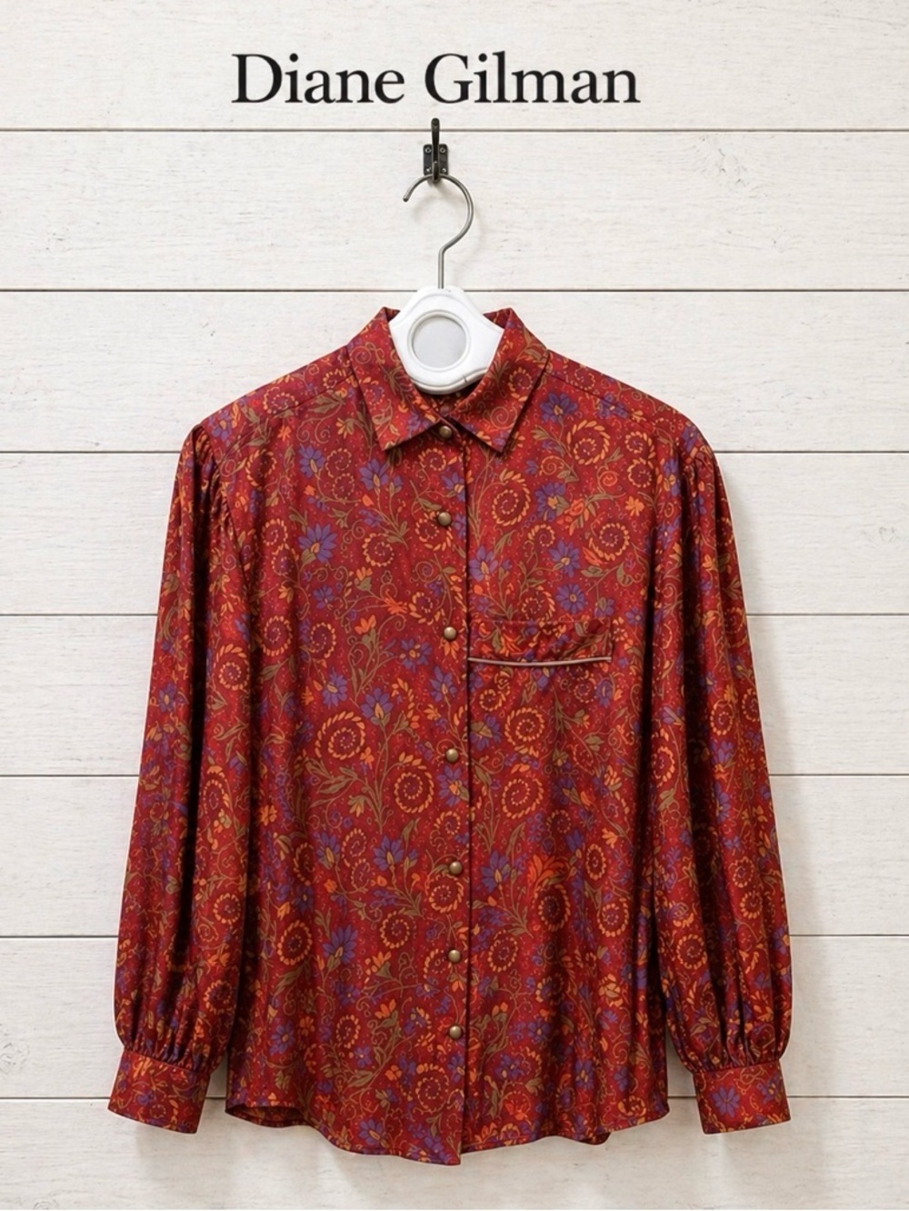 DIANE GILMAN Red Floral Silk Blouse – Size 8
